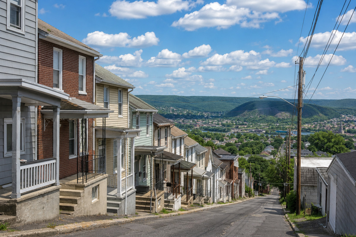 Steep narrow street of close set frame houses in an anthracite borough with a wooded culm bank rising behind the rooftops
