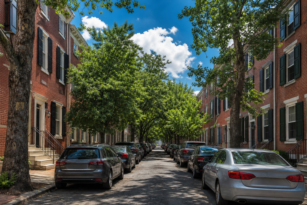 Narrow Philadelphia rowhouse street with marble stoops, parked cars on both sides and Center City towers rising behind the roofline